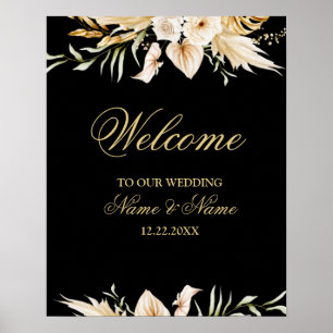 Willkommens-Hochzeitsfeier Rosa Floral Gold Schwar Poster
