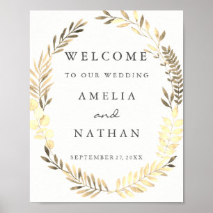 Willkommens-Hochzeitsschild Aquarell Goldblattkran Poster