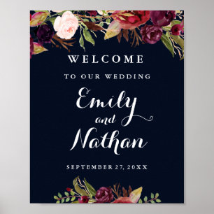 Willkommens-Hochzeitsschild Burgund Navy Floral He Poster