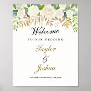 Willkommens-Hochzeitsschild Gold Florales Blatt Aq Poster