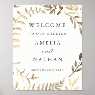 Willkommens-Hochzeitsschild Goldener Blätterkranz Poster
