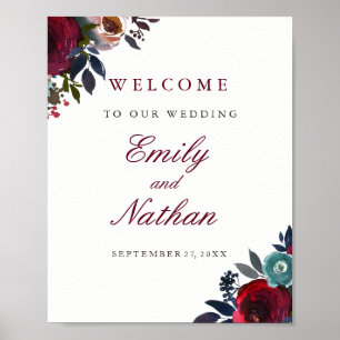 Willkommens-Hochzeitsschild Rot Burgunder Floral Poster