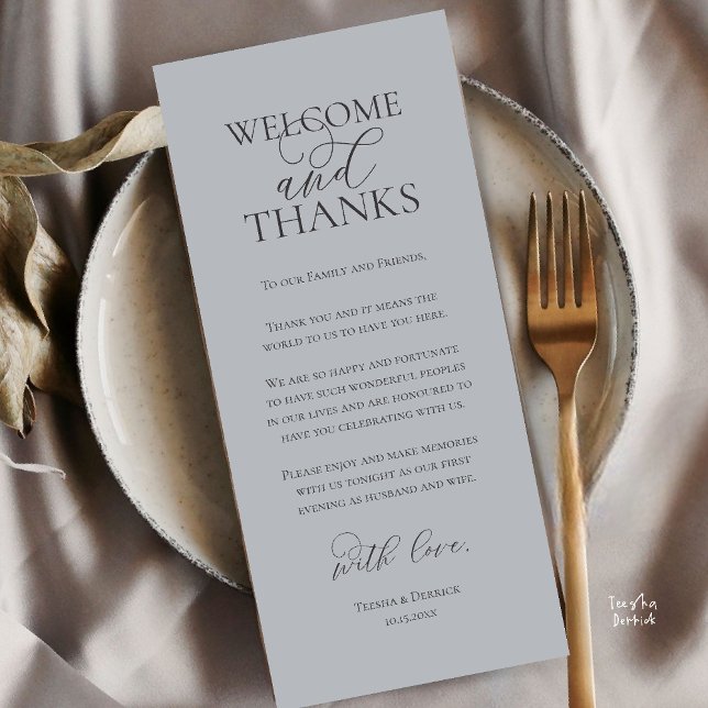 Willkommens- und Dankes-Hochzeitsdinner-Dankeskart Programm (Welcome and Thanks Wedding Reception Dinner Thank You Card in Charcoal Chill Grey)