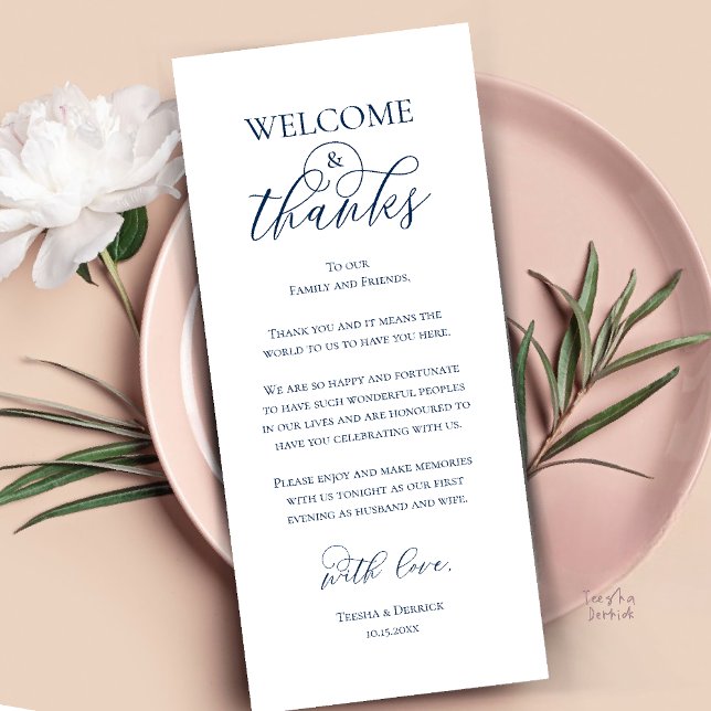 Willkommens- und Dankeschön-Empfangs-Dinner-Dankes Programm (Welcome and Thanks Reception Dinner Thank You Card in Navy Blue)