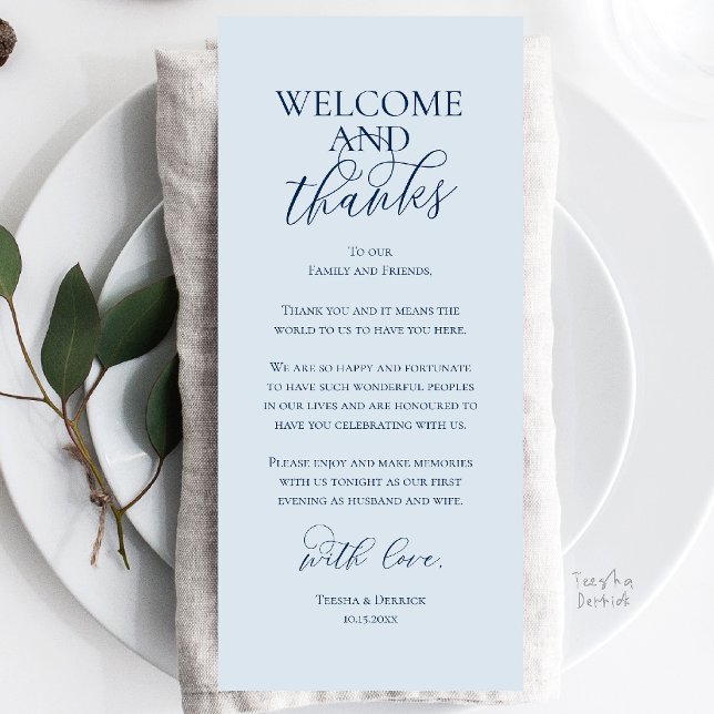 Willkommens- und Dankeskarte für das Hochzeitsdinn Programm (Welcome and Thanks Wedding Reception Dinner Celebration Thank You Card in Misty Navy Blue)
