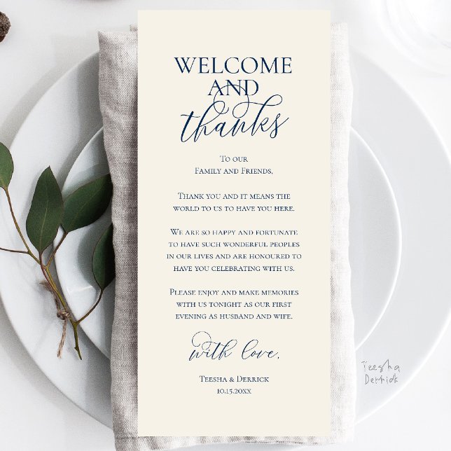Willkommens- und Dankeskarten für das Hochzeitsdin Programm (Welcome and Thanks Wedding Reception Dinner Celebration Thank You Card in Ivory and Navy Blue)