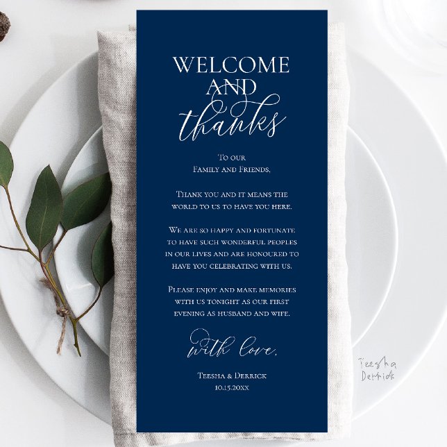 Willkommens- und Dankeskarten für das Hochzeitsdin Programm (Welcome and Thanks Wedding Reception Dinner Celebration Thank You Card in Navy Blue)