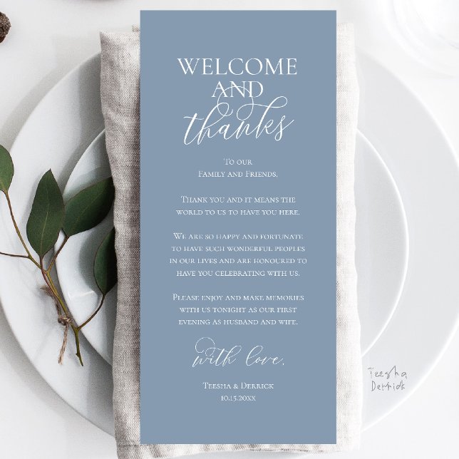 Willkommens- und Dankeskarten für das Hochzeitsdin Programm (Welcome and Thanks Wedding Reception Dinner Celebration Thank You Card in Dusty Blue)