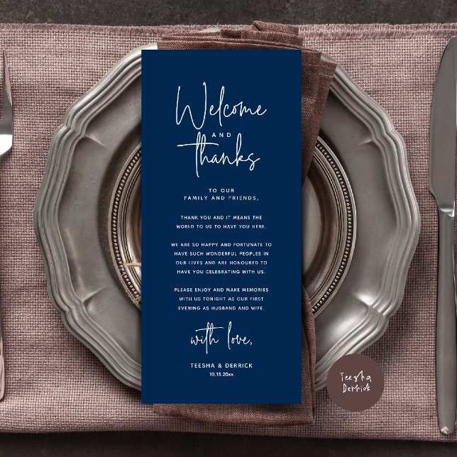 Willkommens- und Dankeskarten für Tischdekoratione Programm (Welcome and Thanks Modern Wedding Dinner Place Setting Thank You Card in Navy Blue)