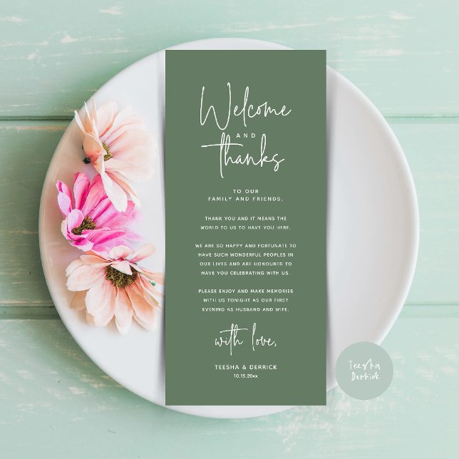 Willkommens- und Dankeskarten für Tischdekoratione Programm (Welcome and Thanks Modern Wedding Dinner Place Setting Thank You Card in Sage Green)