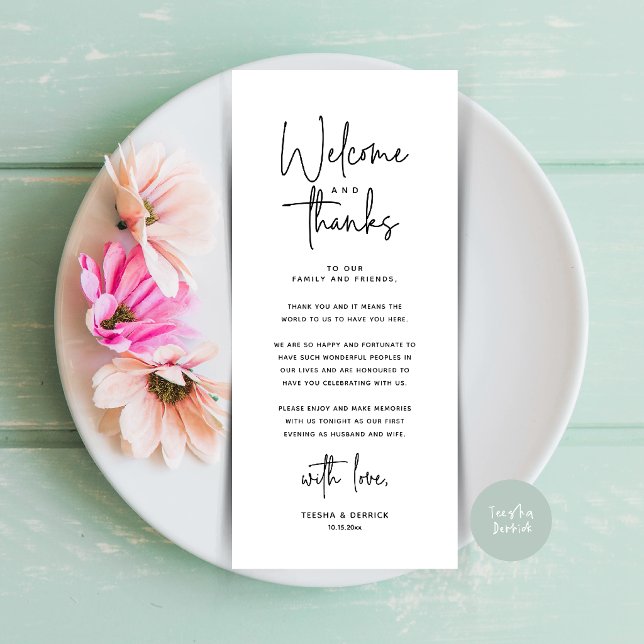 Willkommens- und Dankeskarten für Tischdekoratione Programm (Welcome and Thanks Modern Wedding Dinner Place Setting Thank You Card in Black and White)
