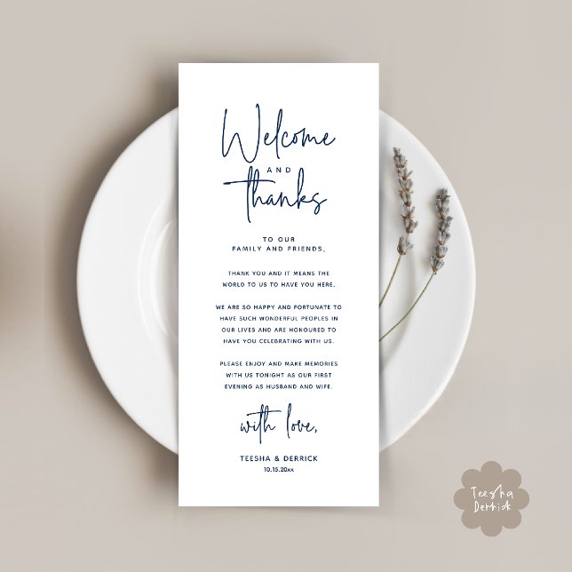 Willkommens- und Dankeskarten für Tischdekoratione Programm (Welcome and Thanks Modern Wedding Dinner Place Setting Thank You Card in Navy Blue)