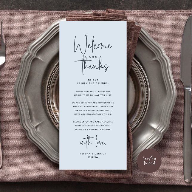 Willkommens- und Dankeskarten für Tischdekoratione Programm (Welcome and Thanks Modern Wedding Dinner Place Setting Thank You Card in Misty Blue)