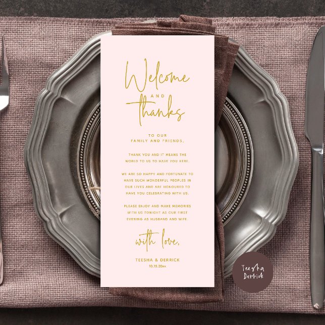 Willkommens- und Dankeskarten für Tischdekoratione Programm (Welcome and Thanks Modern Wedding Dinner Place Setting Thank You Card in Gold Blush)