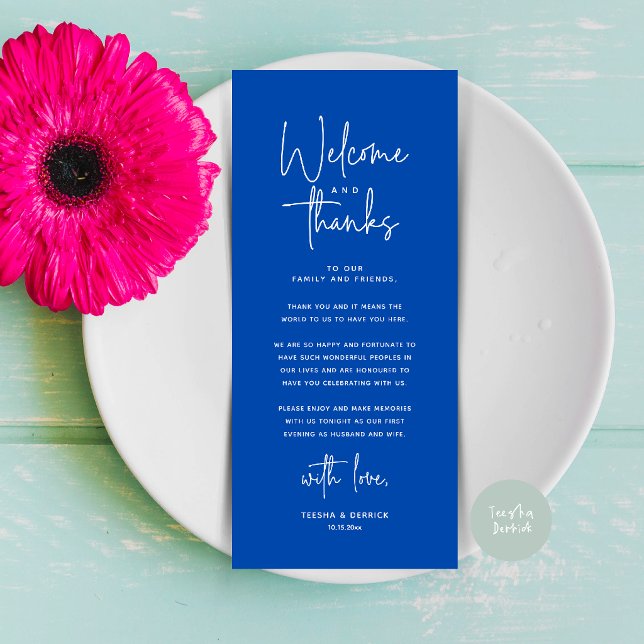 Willkommens- und Dankeskarten für Tischdekoratione Programm (Welcome and Thanks Modern Wedding Dinner Place Setting Thank You Card in Cobalt Blue)