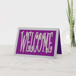 Willkommensdesign grau und lila mit Text Karte