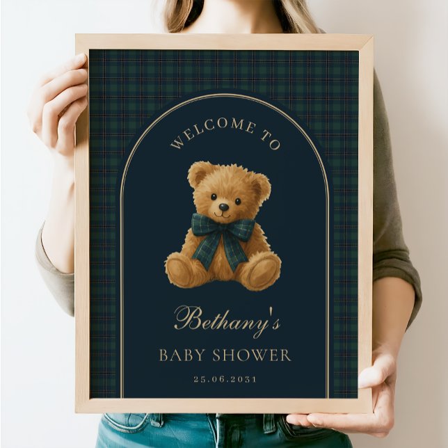 Willkommensgruß zur Navy-Grün-Karo-Teddybär-Babypa Poster (Von Creator hochgeladen)