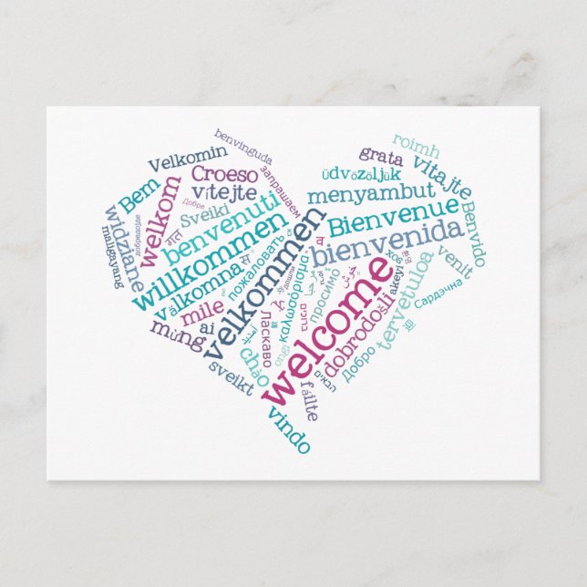 Willkommensherz (viele Sprachen) Postkarte (Vorderseite)