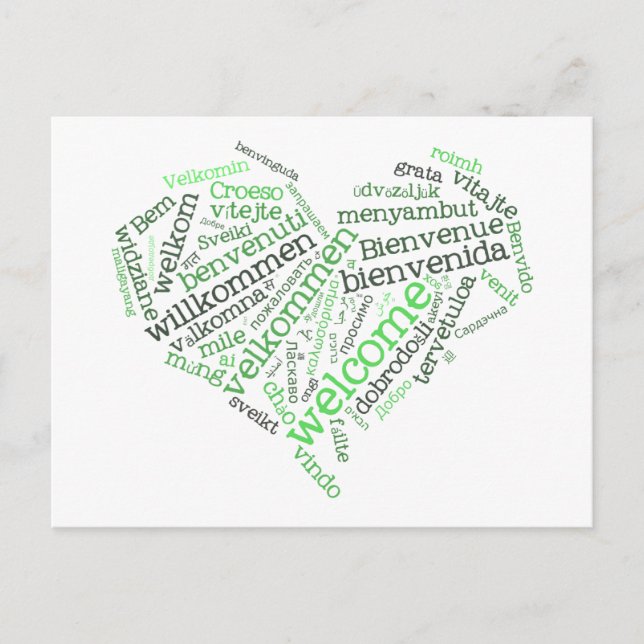 Willkommensherz (viele Sprachen) Postkarte (Vorderseite)