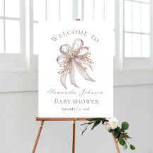Willkommensschild für Baby-Party mit lila Schleife