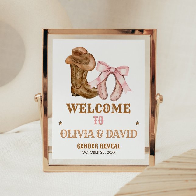 Willkommensschild für die Geschlechtsenthüllung 'B Poster (Western Boots and Bows Gender Reveal Welcome Sign)