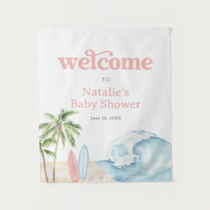 Willkommensschild für rosa Baby an Bord Surf Baby  Wandteppich