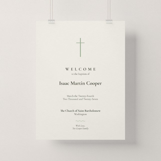 Willkommensschild Grace Sage Cross Taufkirche Poster (Grace | Sage. Minimalist cross baptism church welcome poster.)