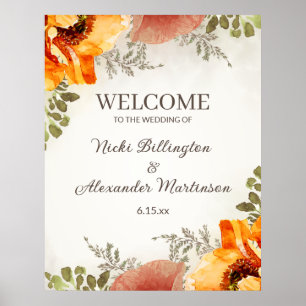 Willkommensschild Hochzeit verbranntes Orange Flor Poster