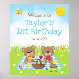 Willkommensschild Teddybären-Picknick Blau Geburts Poster