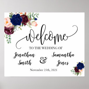Willkommensschild zur Hochzeit in navy burgunder B Poster