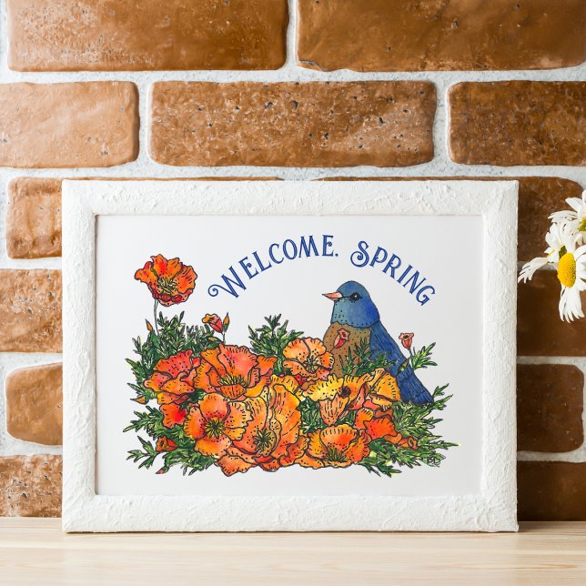 Willkommensvogel und Blume zum Herunterladen Poster (Welcome Spring Bird in Flowers Art Print)