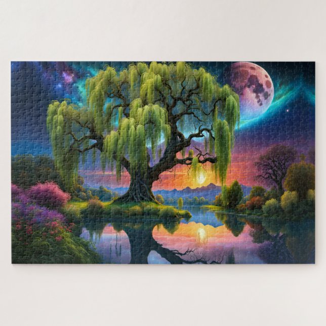 Willow Baum unter Vollmond N Sternenhimmel Sunset (Horizontal)