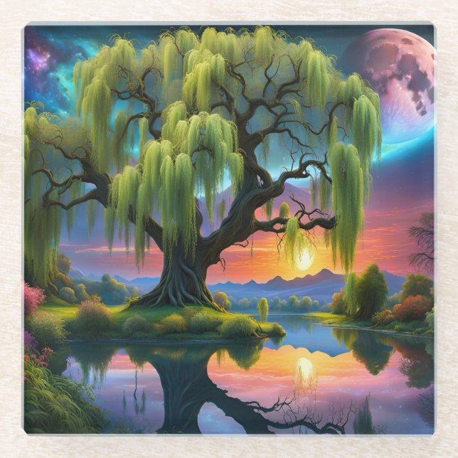 Willow Baum unter Vollmond N Sternenhimmel Sunset Glasuntersetzer (Vorderseite)