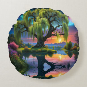 Willow Baum unter Vollmond N Sternenhimmel Sunset Rundes Kissen