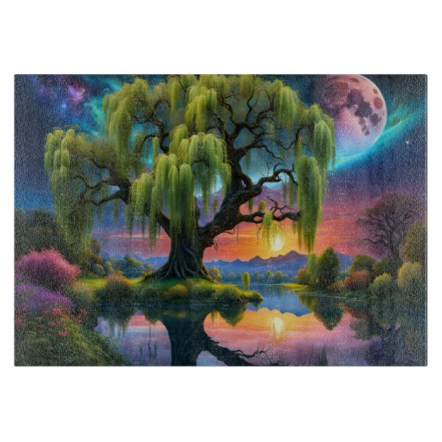 Willow Baum unter Vollmond N Sternenhimmel Sunset Schneidebrett (Vorderseite)