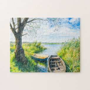 Willow Boote ruhig Fluss aquarell havelland