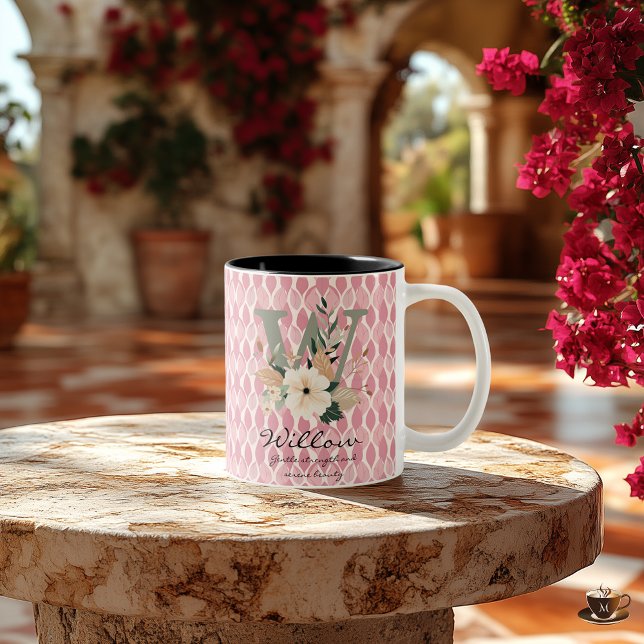 Willow Gentle Stärke, Boho Chic Floral Monogram Zweifarbige Tasse (Von Creator hochgeladen)