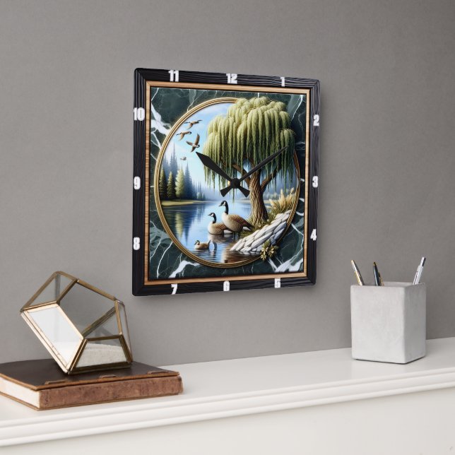 Willow Goose Rustic Water's Edge Quadratische Wanduhr (Büro)