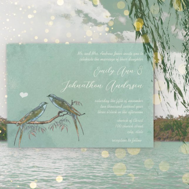 Willow Tree Grove Green Blue Love Bird Wedding Einladung (Von Creator hochgeladen)