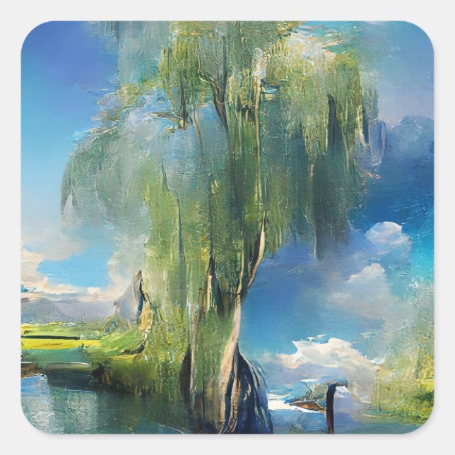 Willow tree to sky Abstrakt Quadratischer Aufkleber (Vorderseite)