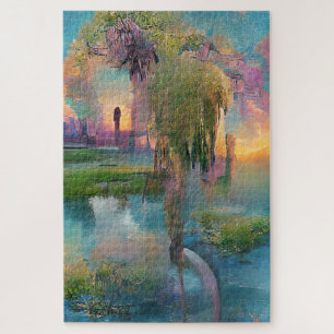 Willow und wisteria am Teich bei Sonnenuntergang