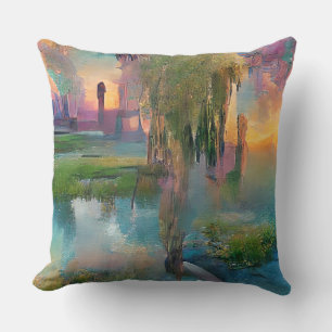 Willow und wisteria am Teich bei Sonnenuntergang Kissen