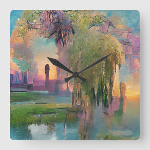Willow und wisteria am Teich bei Sonnenuntergang Quadratische Wanduhr