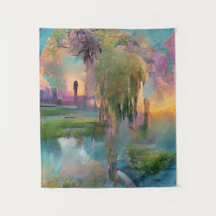Willow und wisteria am Teich bei Sonnenuntergang Wandteppich