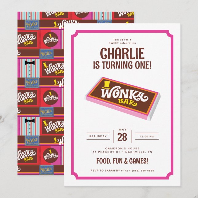 Willy Wonka und die Schokoladenfabrik zum Geburtst Einladung (Vorne/Hinten)