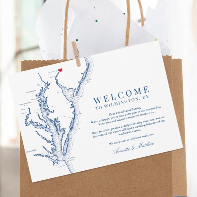 Wilmington Delaware Wedding Welcome and Itinerary Dankeskarte (These Wilmington Delaware wedding welcome letters have your wedding itinerary on the back)