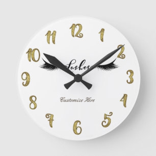 Wimpern Lashes Gold & Schwarz Glam Personalisiert Runde Wanduhr