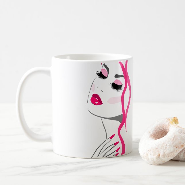 Wimpern Maniküre Haar Rosa Mädchen Schönheitsbrand Kaffeetasse (Mit Donut)