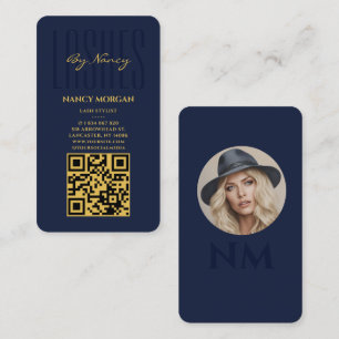 Wimpern Monogramm QR-Code Foto Navy und Gold Visitenkarte