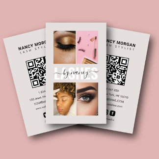 Wimpern Schrift Foto-Collage QR-Code Beige Visitenkarte